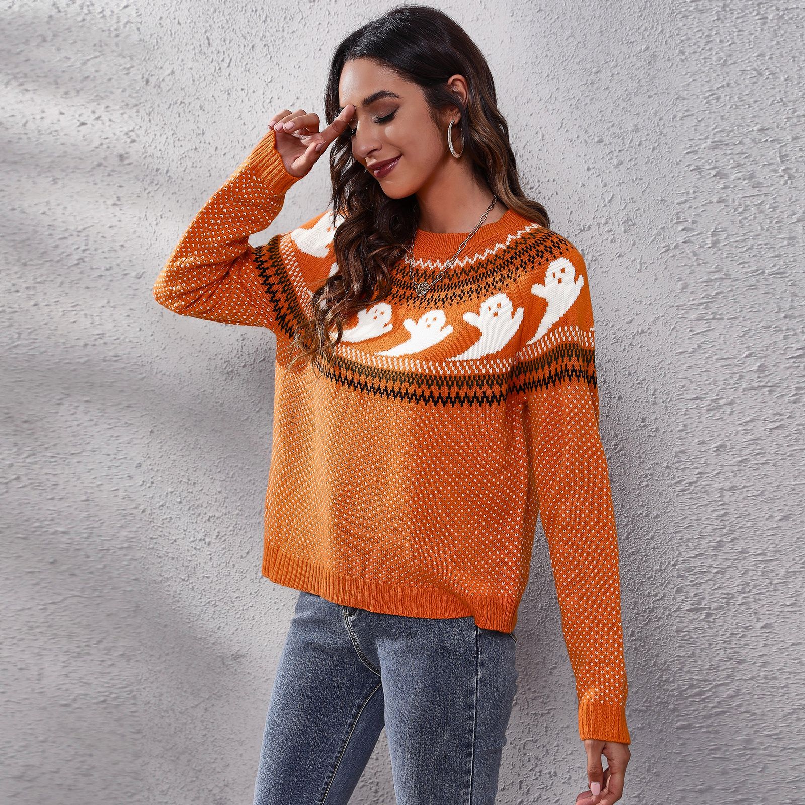 Maglione lavorato a maglia a maniche lunghe a pois retrò fantasma di Halloween