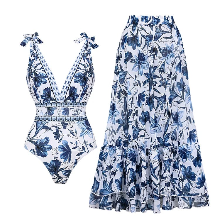 👙 2025 New Arrival - 🔥 V Neck Floral Print One-Piece Swimsuit Set 🔥
