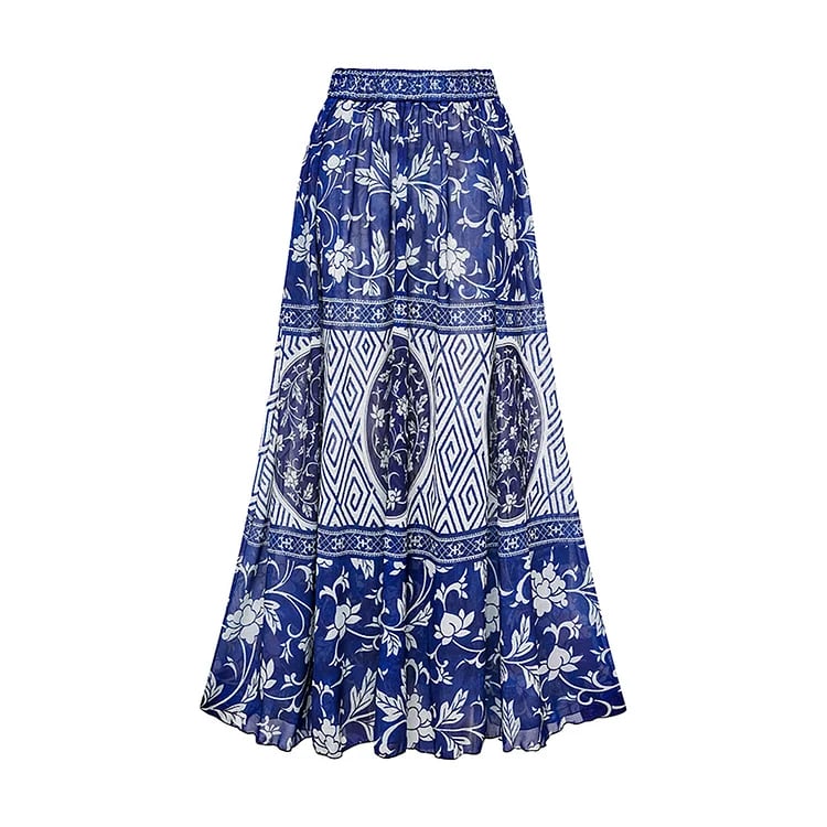 🔥 Summer Glam - V Neck Ruffled Blue Print One Piece Swimsuit Set