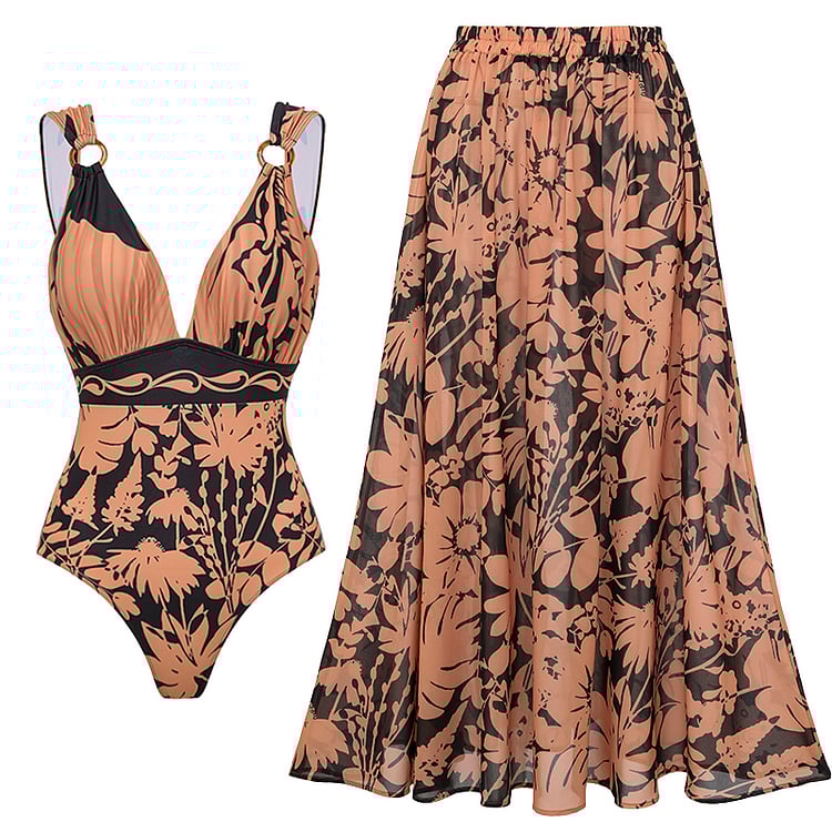 2025 New V Neck Shadow of Trees Printed One Piece Swimsuit Set