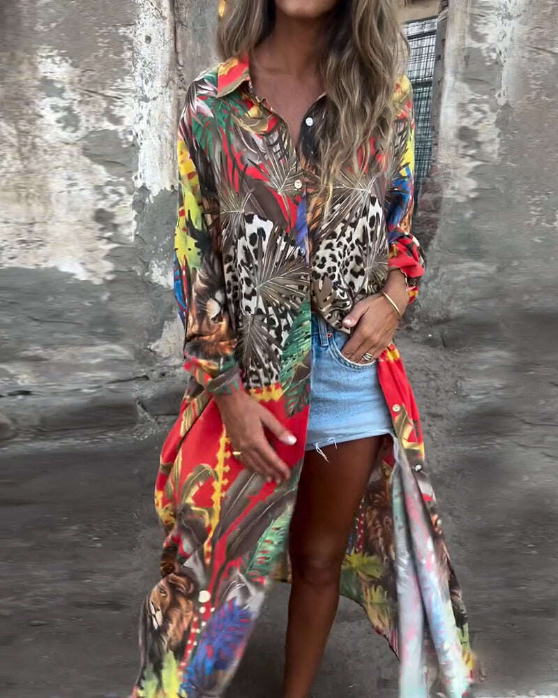 Vestidos camisa fashion estampados com botões