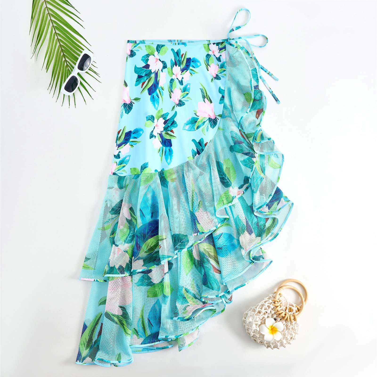 💖 Unique and Elegant 👙 V Neck Floral Printed  Ruffled Wrap Skirt Swimsuit Set