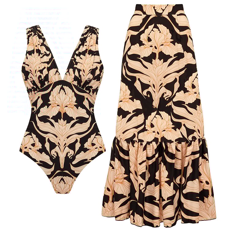 💖 V Neck Iris Print One Piece and Skirt Swimsuit Set