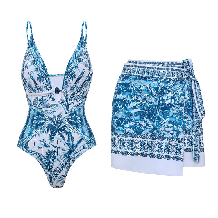 New V Neck Printed One Piece Swimsuit Set