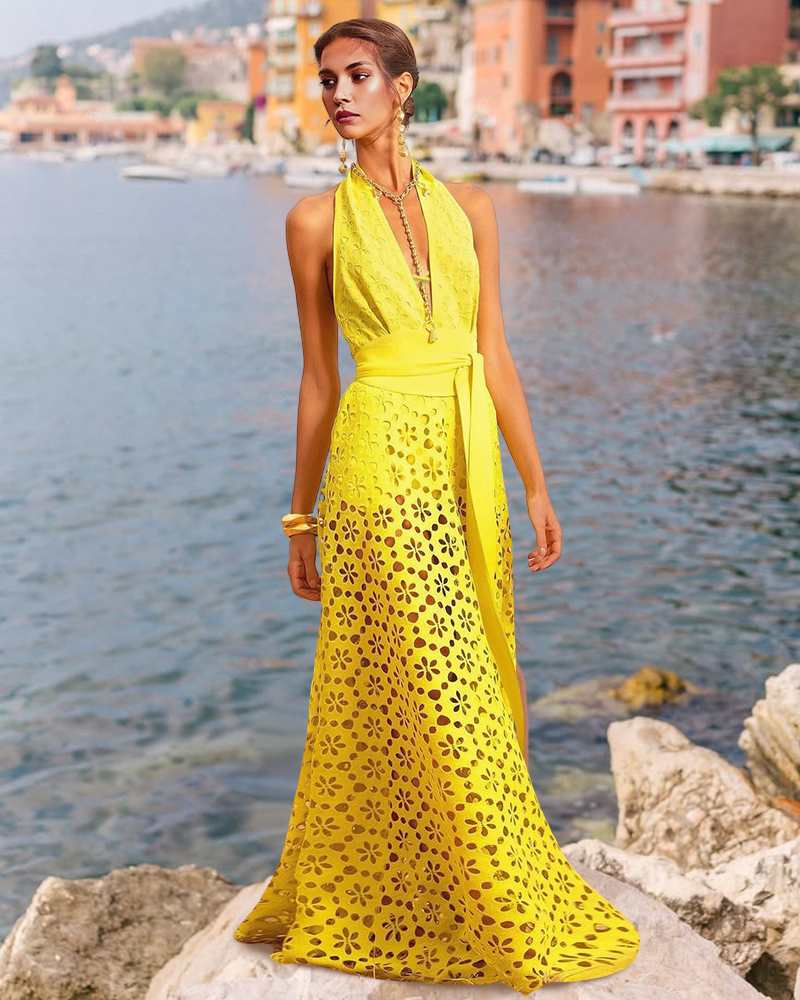 Yellow Color Laser Cutting Flower Hollow One Piece Swimsuit and Skirt