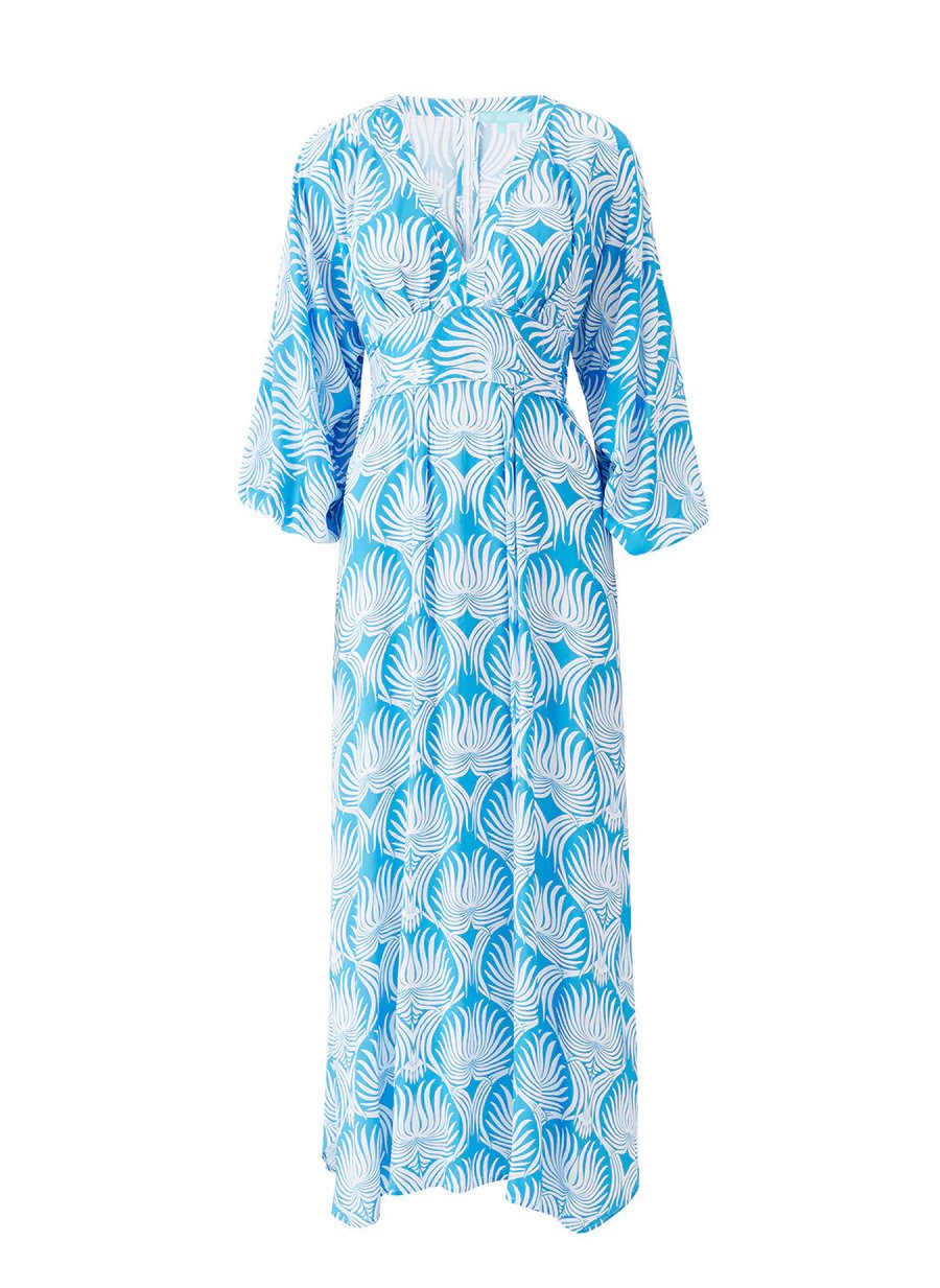 👙One-piece swimming costume with long sleeves and blue lotus pattern, paired with a skirt