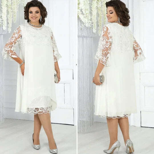 Vestido de chiffon bordado com gola redonda acolchoado para mulher