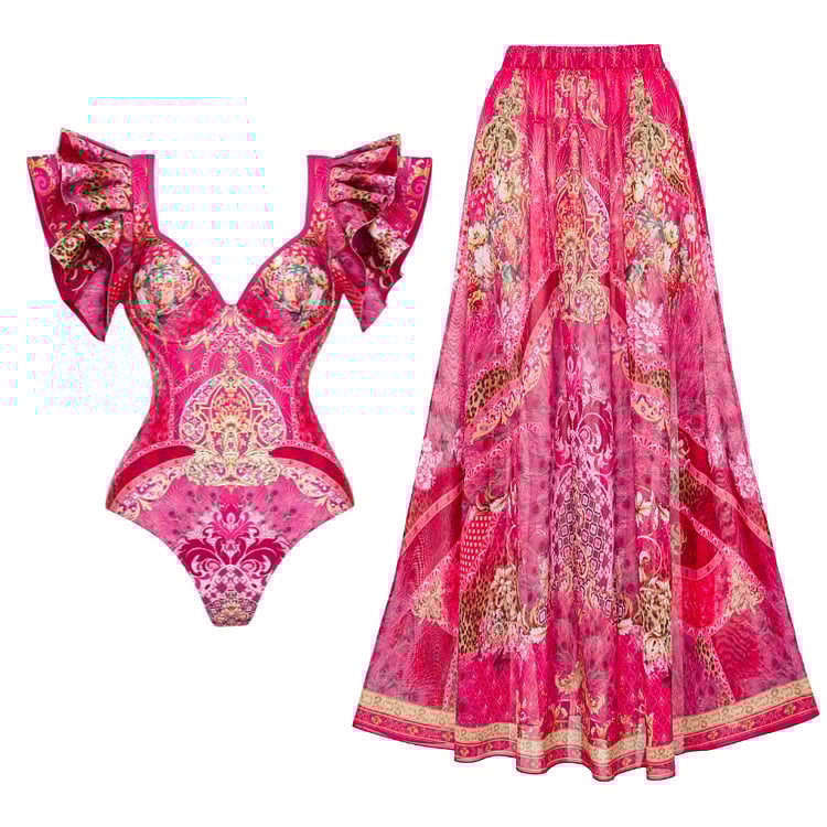 2025 New Ruffle Print One Piece Swimsuit Set