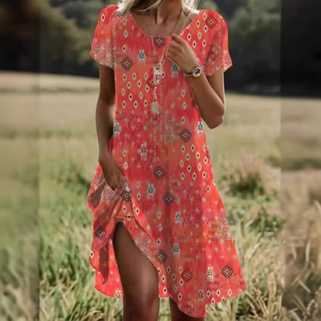 【S-3XL】2024 novo estilo de verão artístico étnico em torno do pescoço vestido de comprimento médio