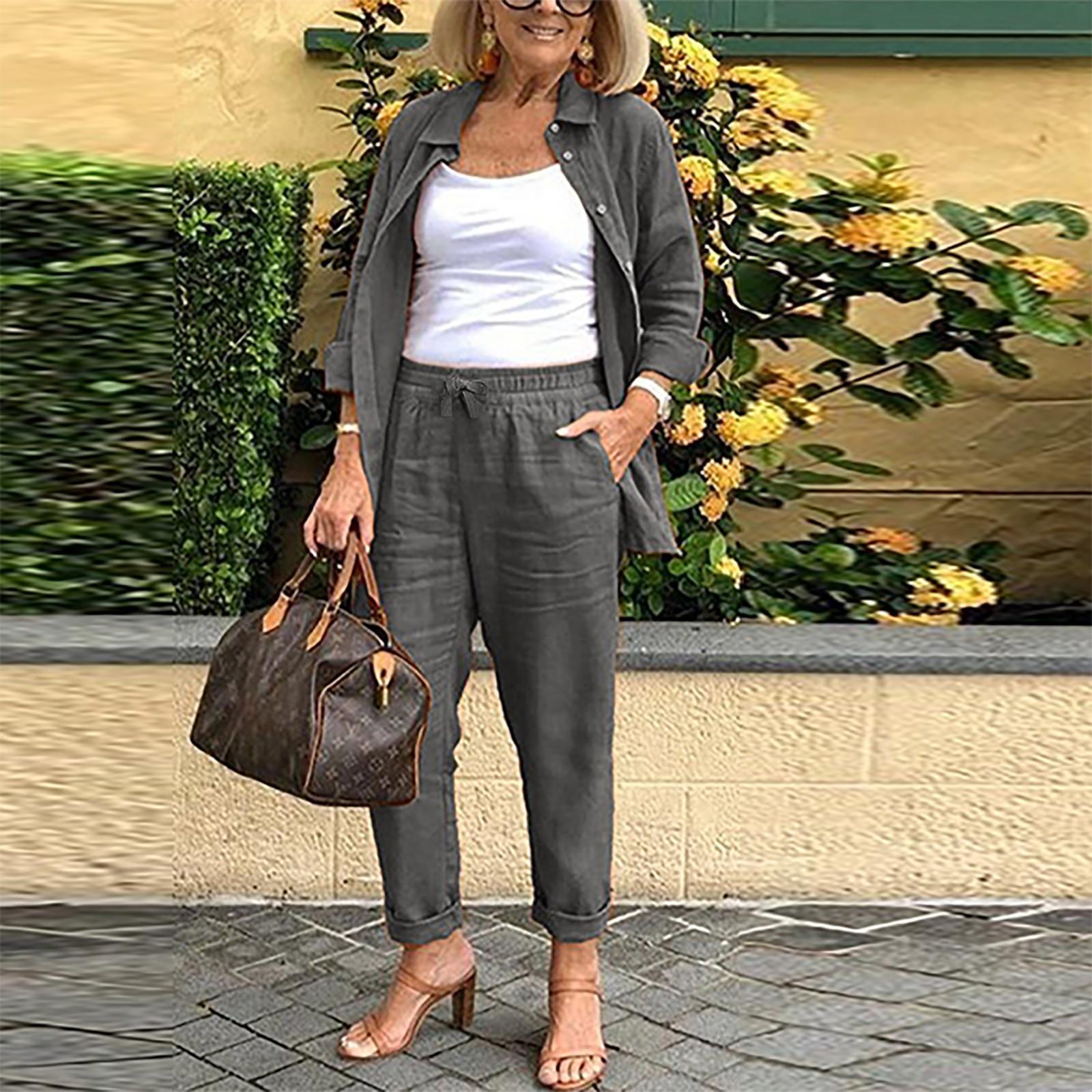 Set camicetta e pantaloni da donna a maniche lunghe in cotone e lino