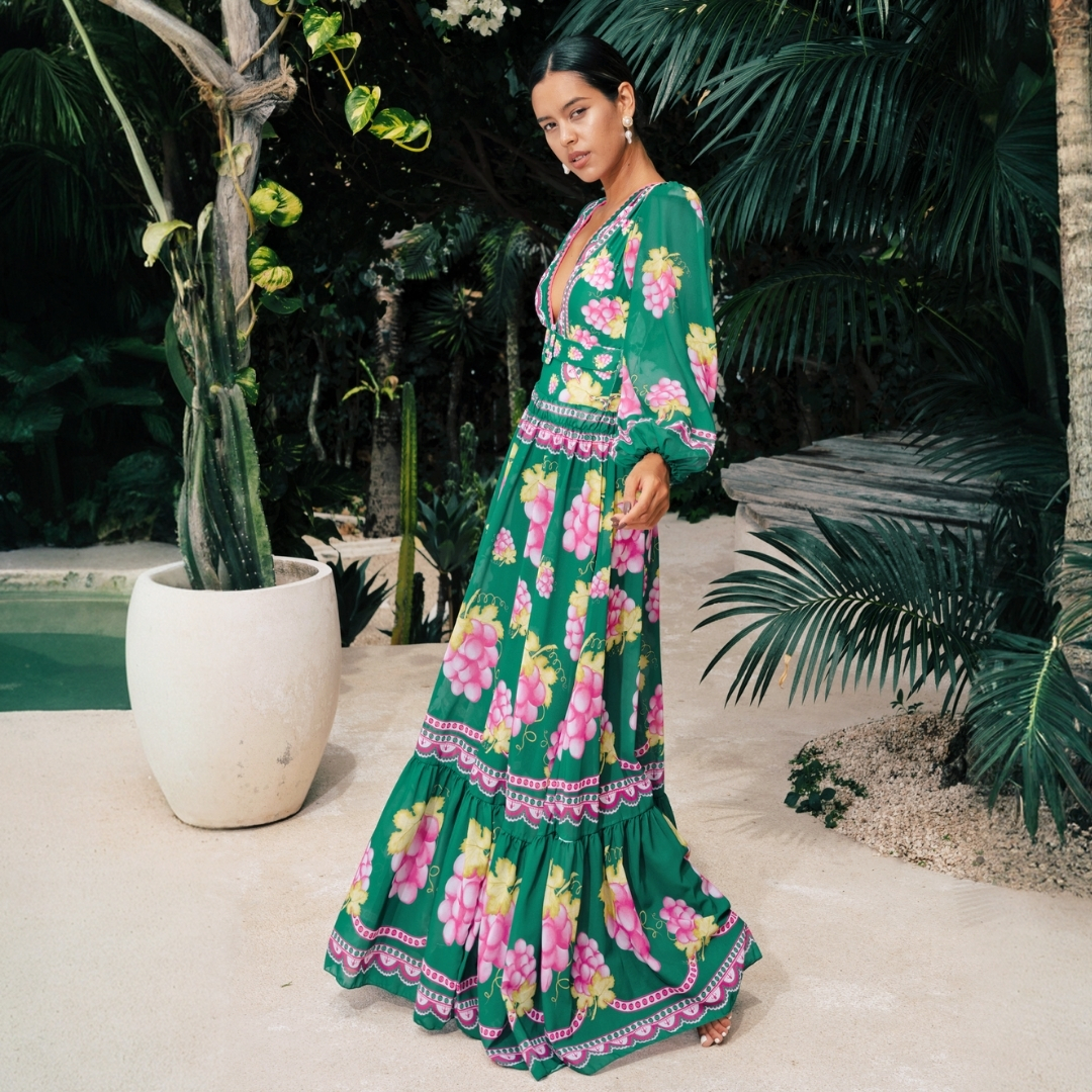 🌼 Long-sleeved Retro Green Grapes Print One Piece Swimsuit and Skirt 😍