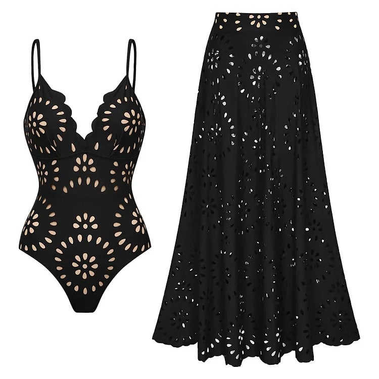 💖 2025 New 👙 Laser Cutting Flower Hollow Flared Skirt Swimsuit Set