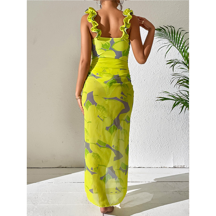 Ruffled Strap Lemon Print One Piece Swimsuit and Sarong 💕