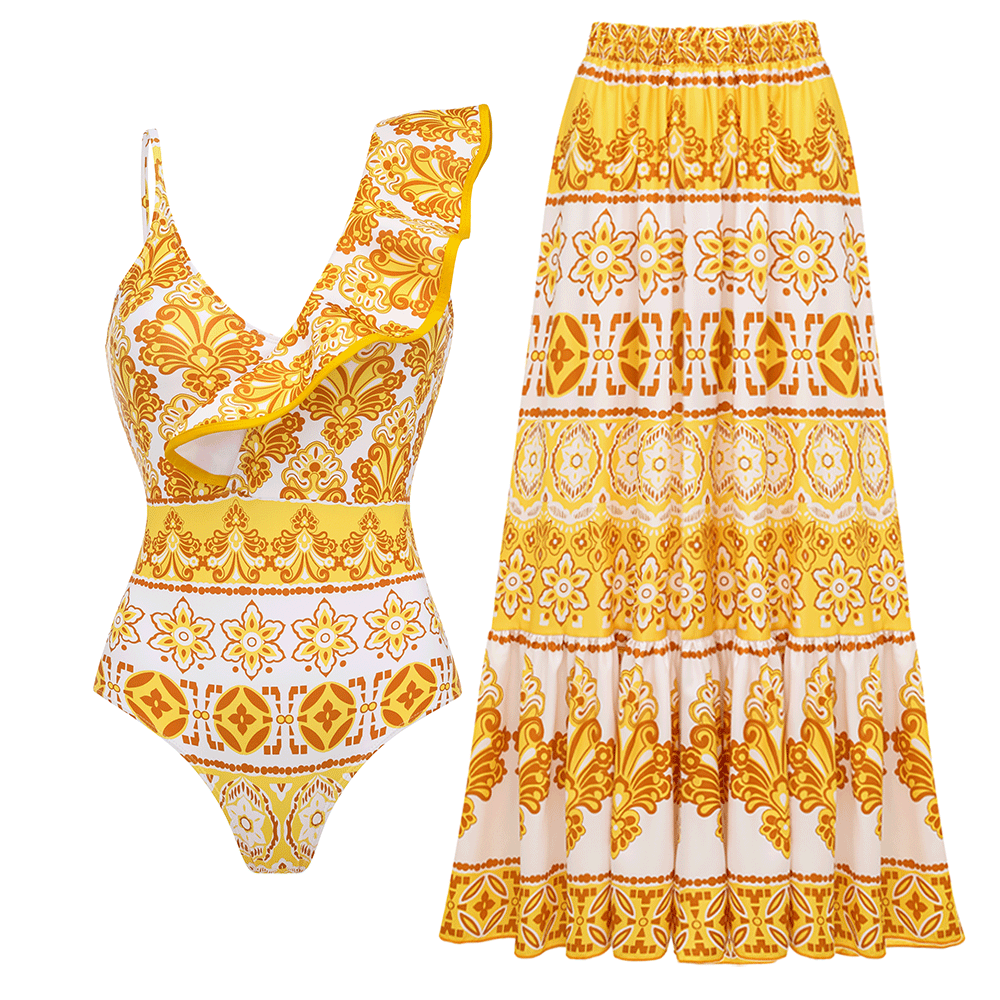 Asymmetrical Ruffle Printed One Piece Swimsuit and Skirt