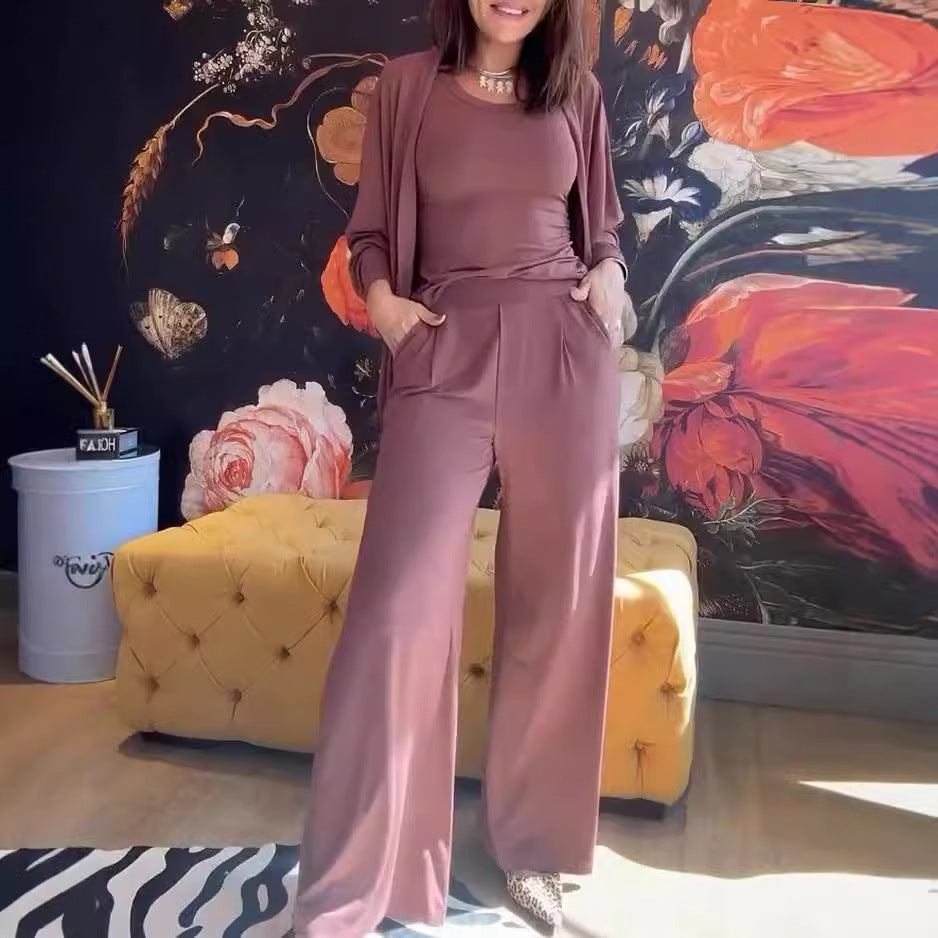 Set di tre pezzi, giacca gilet casual e confortevole, pantaloni a gamba larga