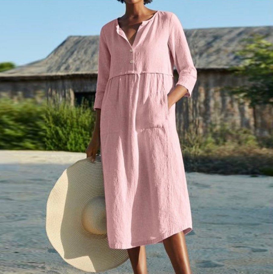 【S-5XL】2024 primavera e verão novo vestido com bolso e botão