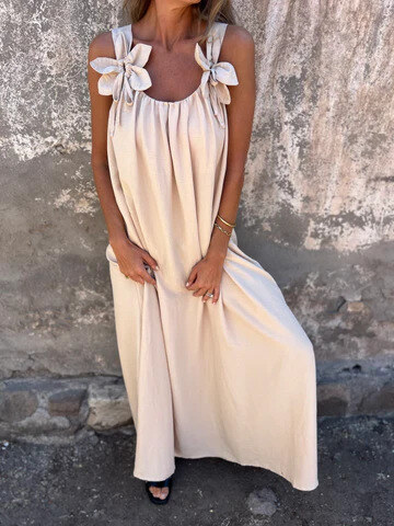 💕Vestido feminino de cor sólida com estampa floral e decote em U