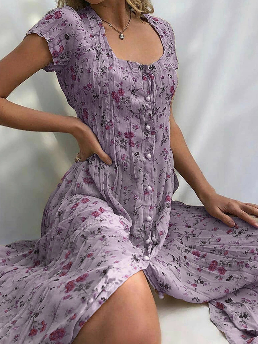 Vestito a tubino da donna, manica corta, con bottoni floreali e stampa frontale, estivo