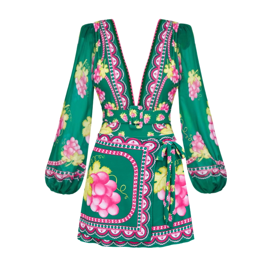 🌼 Long-sleeved Retro Green Grapes Print One Piece Swimsuit and Skirt 😍