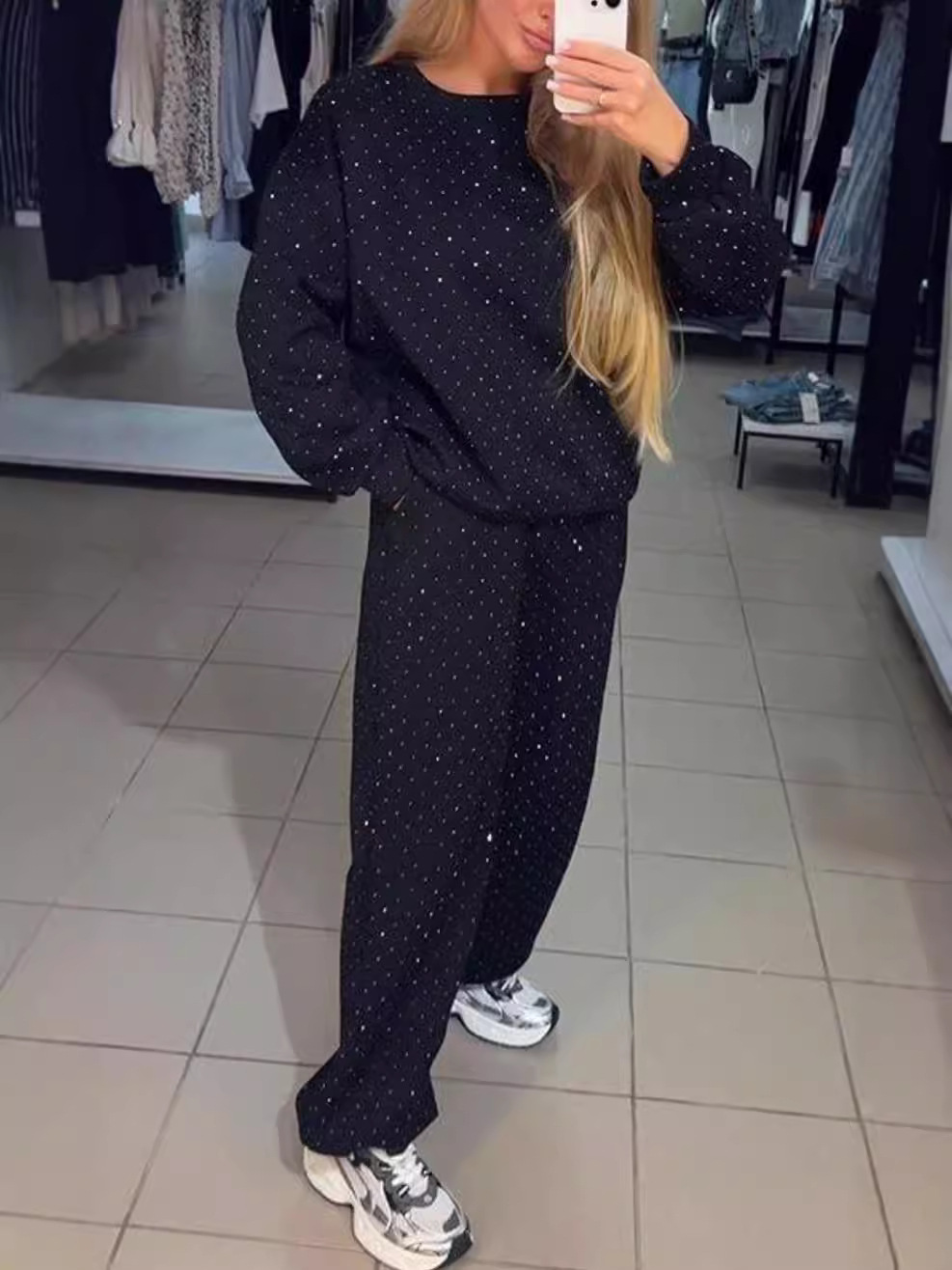 Felpa sportiva casual con scollo tondo e pantaloni jogger da donna, set da 2 pezzi