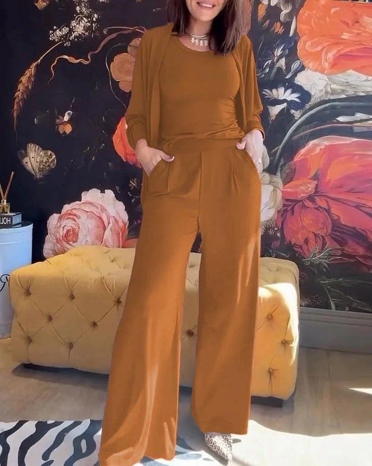 Set di tre pezzi, giacca gilet casual e confortevole, pantaloni a gamba larga
