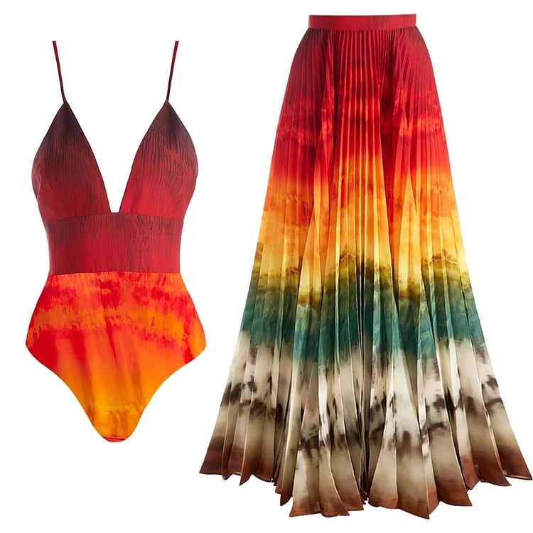 🔥 Color Gradient V-neck One Piece  and Shirt Swimsuit Set 🤩