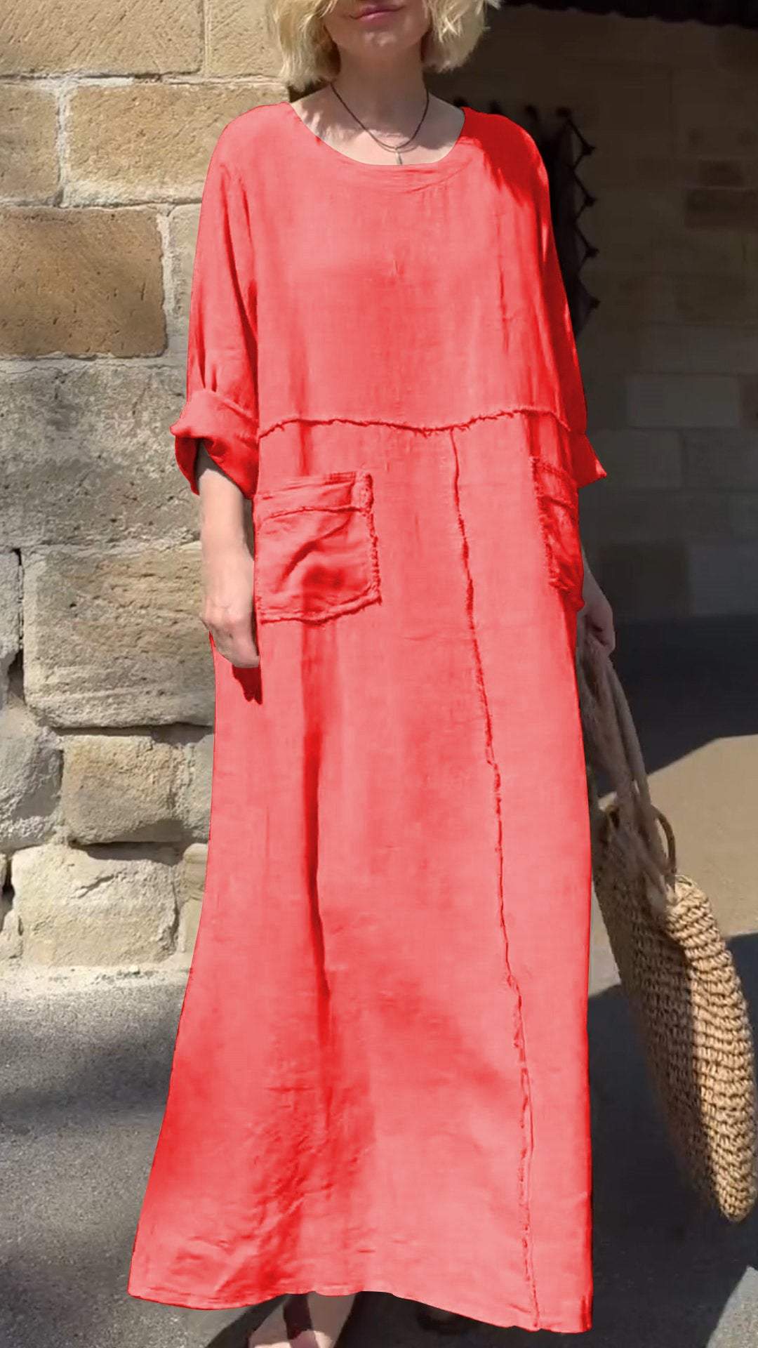 Vestido casual manga comprida algodão e linho gola redonda