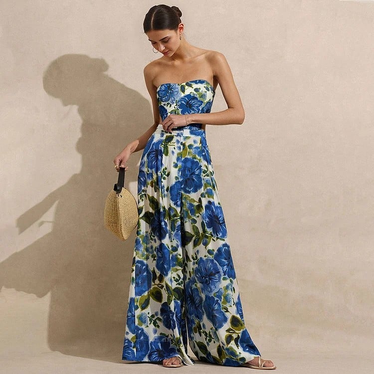 2025 New Bandeau Blue Flower Print Cut Out One Piece Swimsuit Set
