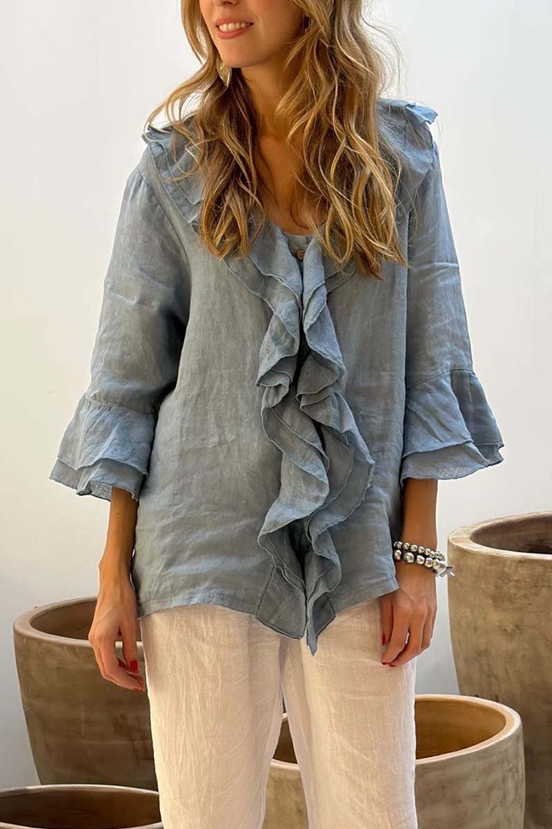Top casual da donna in cotone e lino con colletto a balze