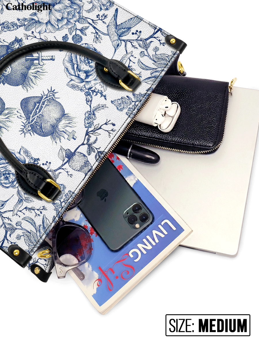Catholight  Sacred Elegance: Blue and White Devotion Leather Bag