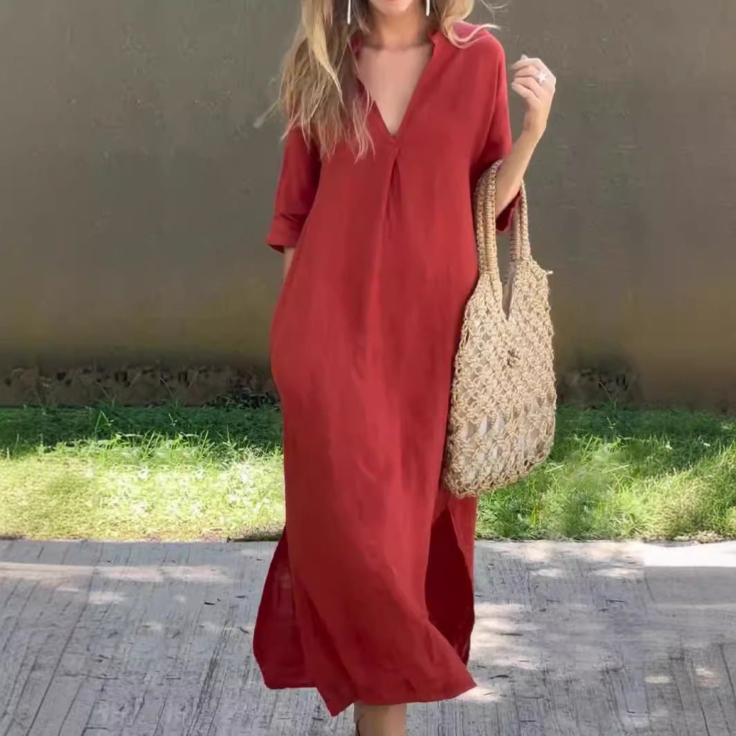 Abito da donna in cotone e lino con scollo a V e maniche corte