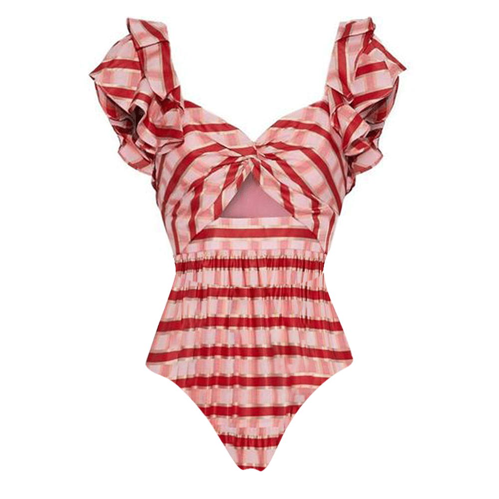 Ruffle Red Striped Printed Cut Out One Piece Swimsuit and Skirt