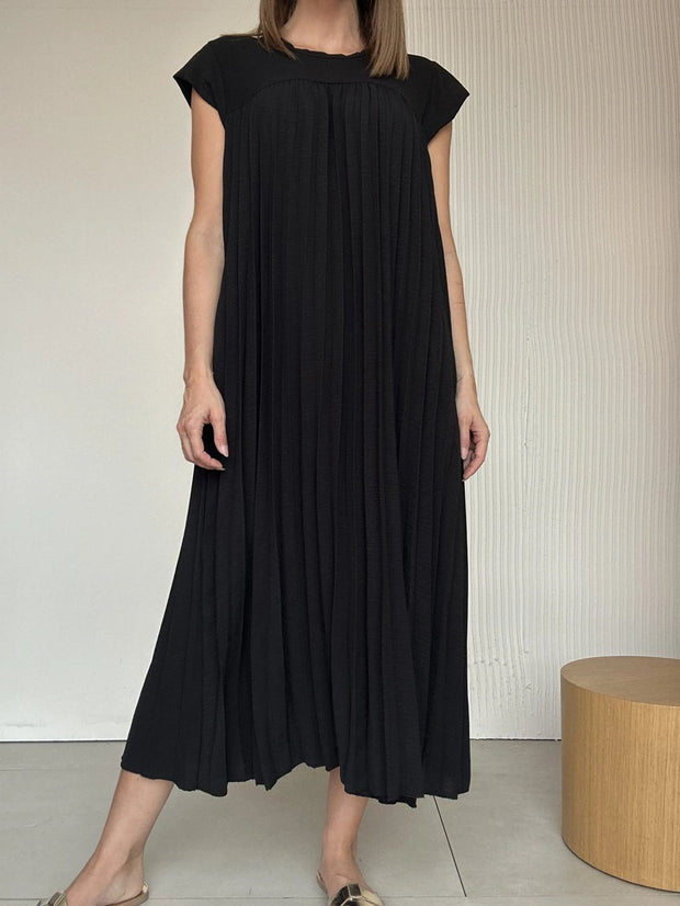 Abito casual da donna con scollo tondo, maniche corte, patchwork plissettato