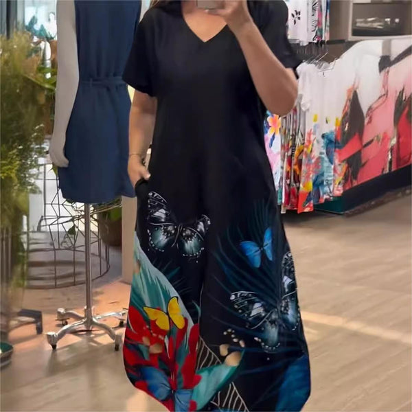 2025 New Elegant V-neck Floral Dress with Pockets