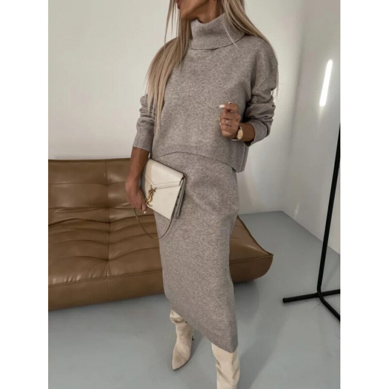 2024 novi jesensko-zimski elegantni džemper s kragnom + suknja dvodijelni set