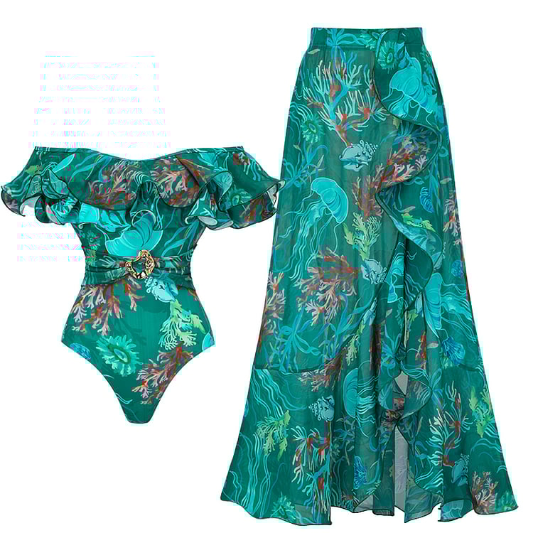 2025 New design - Removable Shoulder Strap Off Shoulder Marine Organism One Piece Swimsuit Set