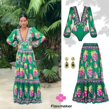 🌼 Long-sleeved Retro Green Grapes Print One Piece Swimsuit and Skirt 😍