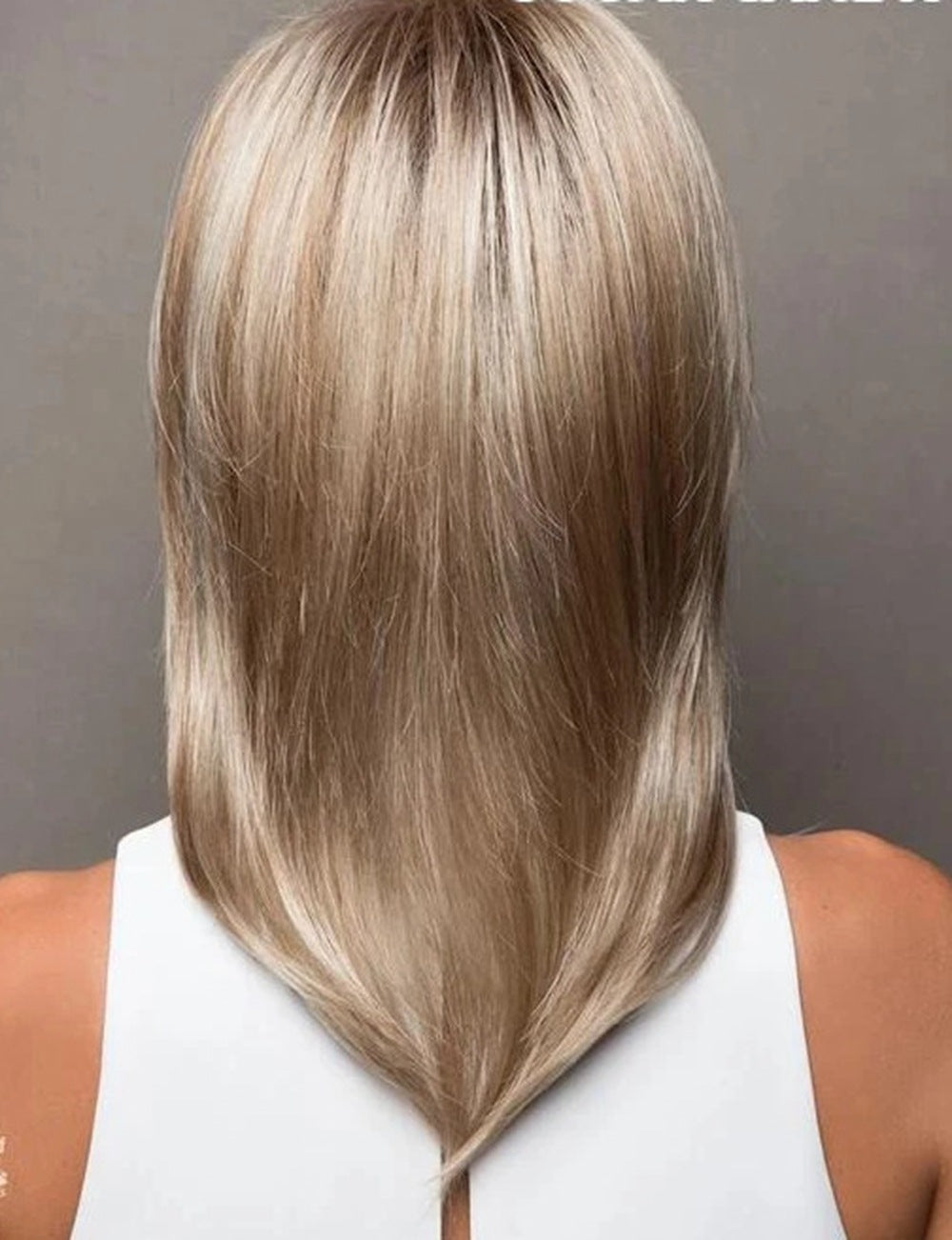Silver gray side-parted bangs medium length straight hair