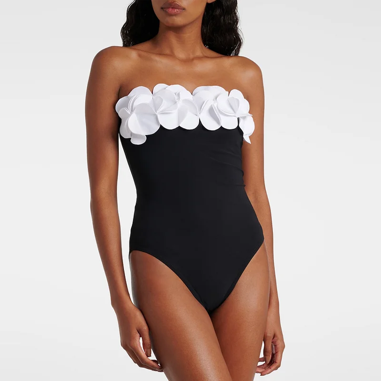 2025 New Bandeau 3D Flower Color Block One Piece Swimsuit And Skirt