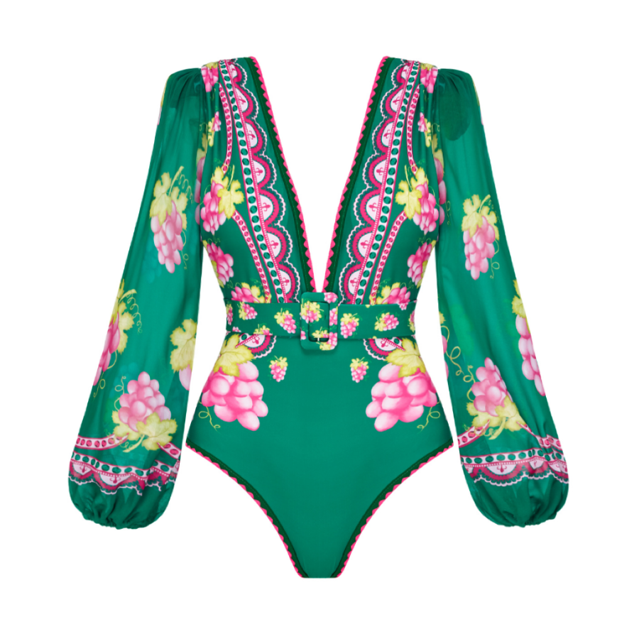 🌼 Long-sleeved Retro Green Grapes Print One Piece Swimsuit and Skirt 😍