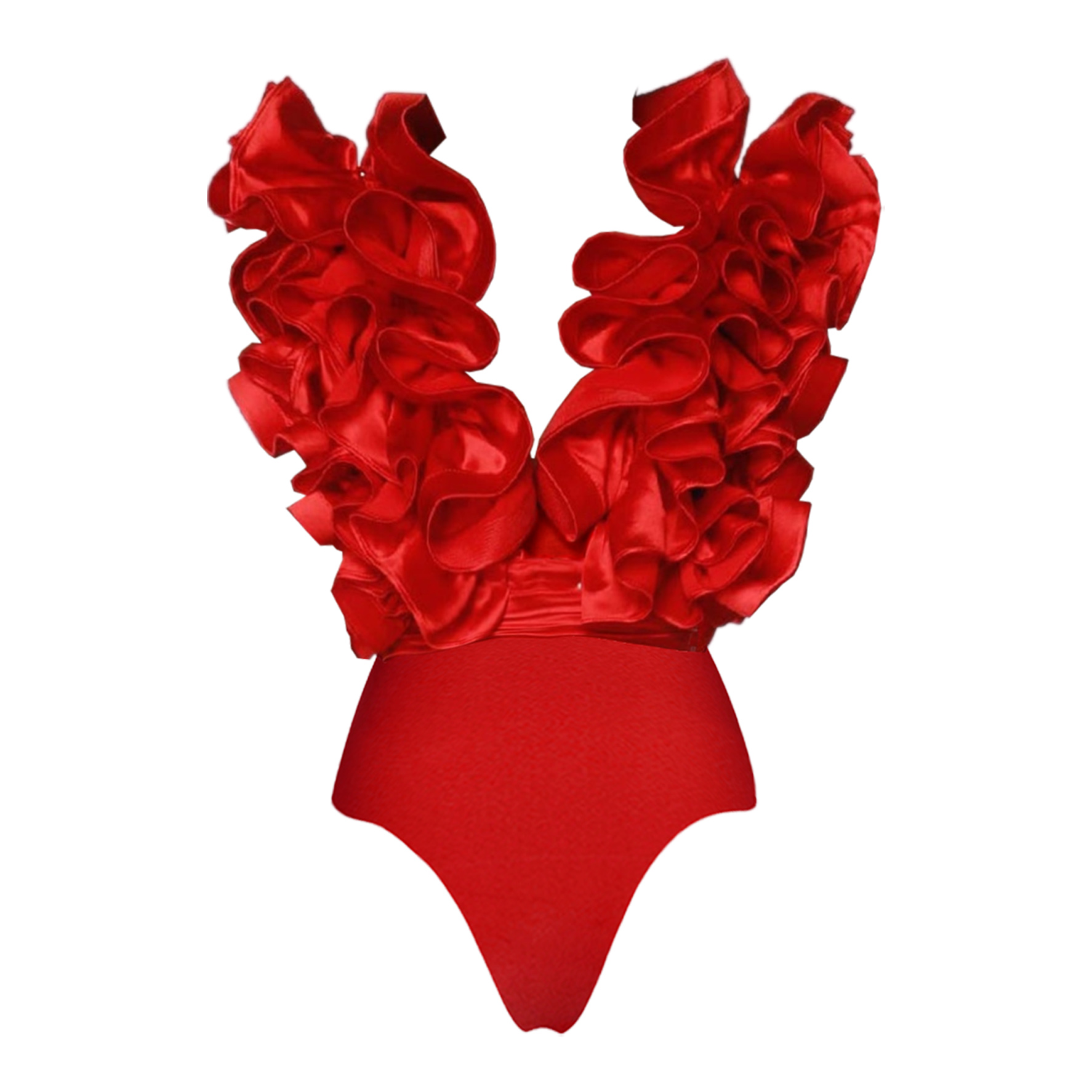 ✨ Red Flower Frilled V Neck One Piece Swimsuit and Skirt