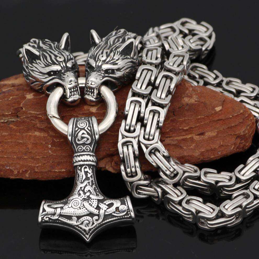 NordyckoTM |. Ogrlica s glavom vuka s čekićem u stilu nordijskih vikinga