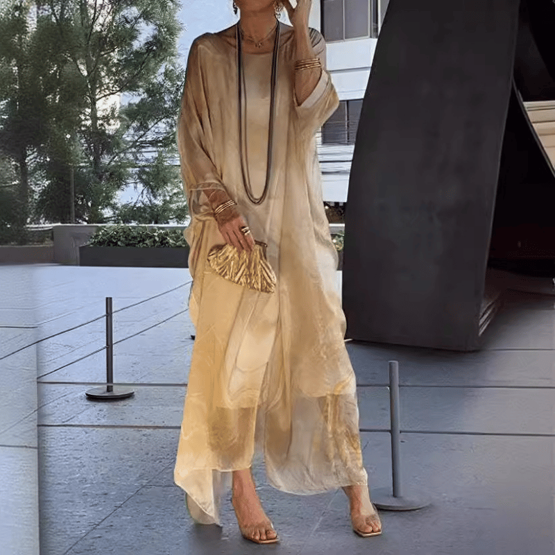 Vestido elegante de chiffon com padrão mármore