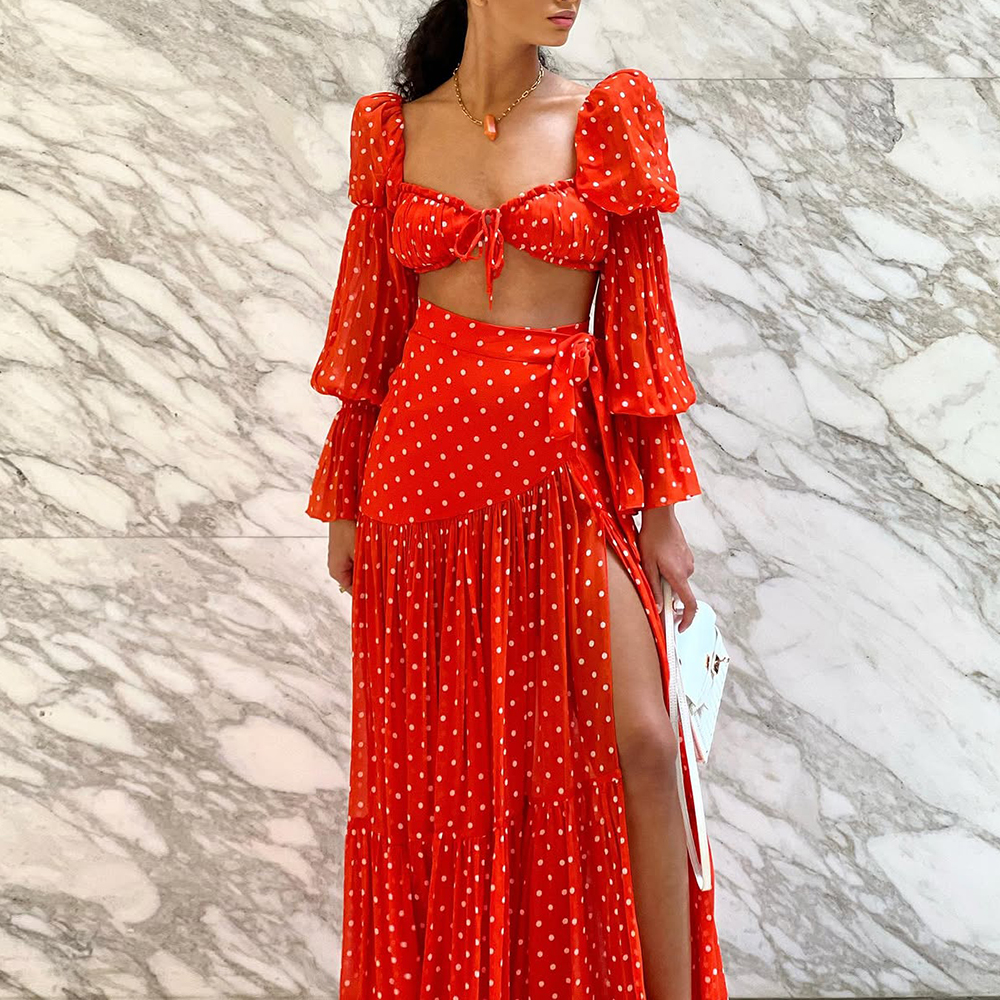 2025 New Lone Sleeve Red Polka Dots Bikini Swimsuit and Skirt