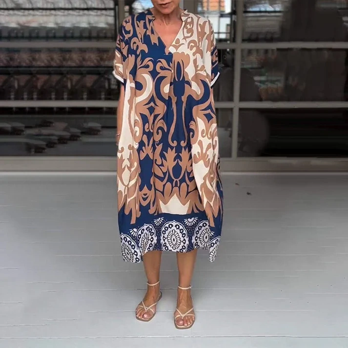 Vestido midi solto estampado gola alta