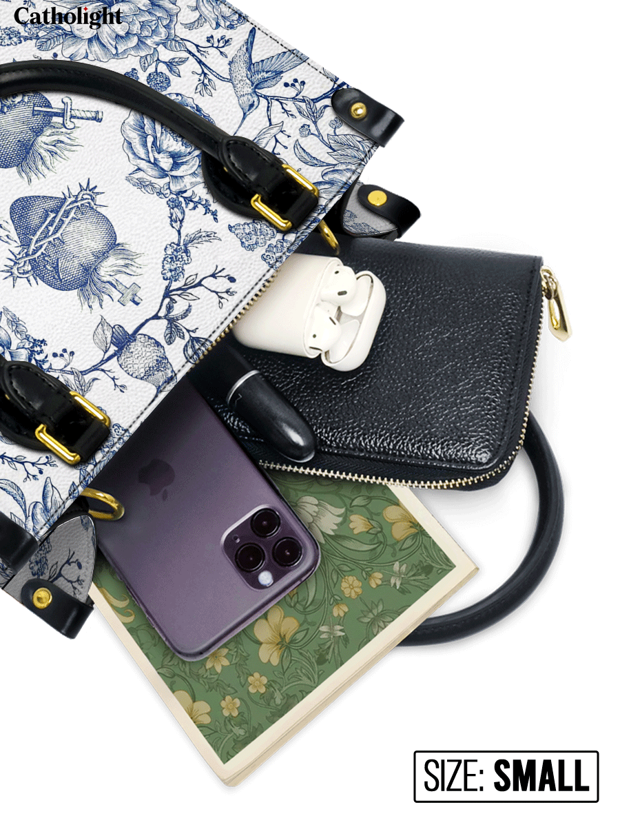 Catholight  Sacred Elegance: Blue and White Devotion Leather Bag