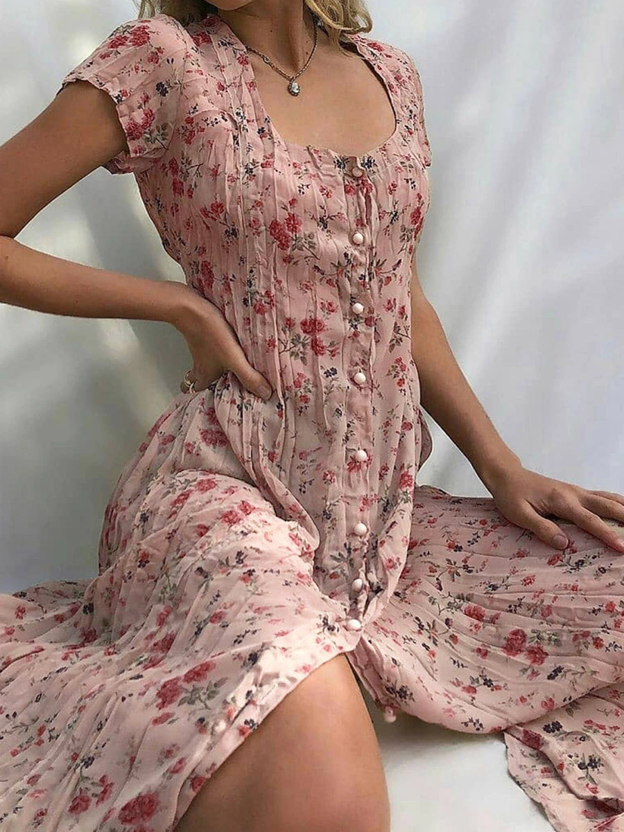 Vestito a tubino da donna, manica corta, con bottoni floreali e stampa frontale, estivo
