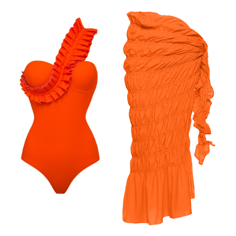 🎀One Shoulder Ruffle One Piece Orange Swimsuit and Sarong💖