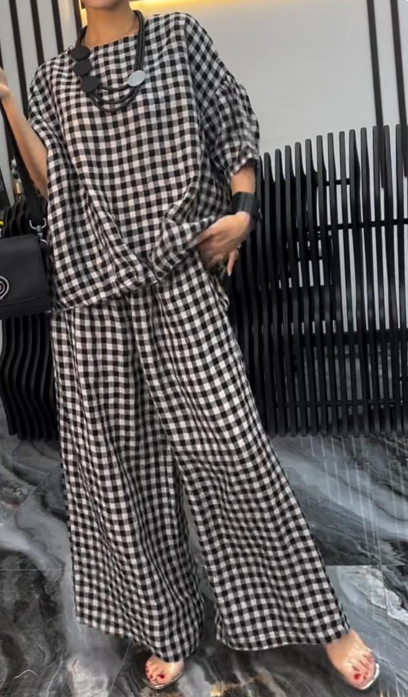 2024 Tailleur pantalone scozzese a gamba larga con coulisse sul retro