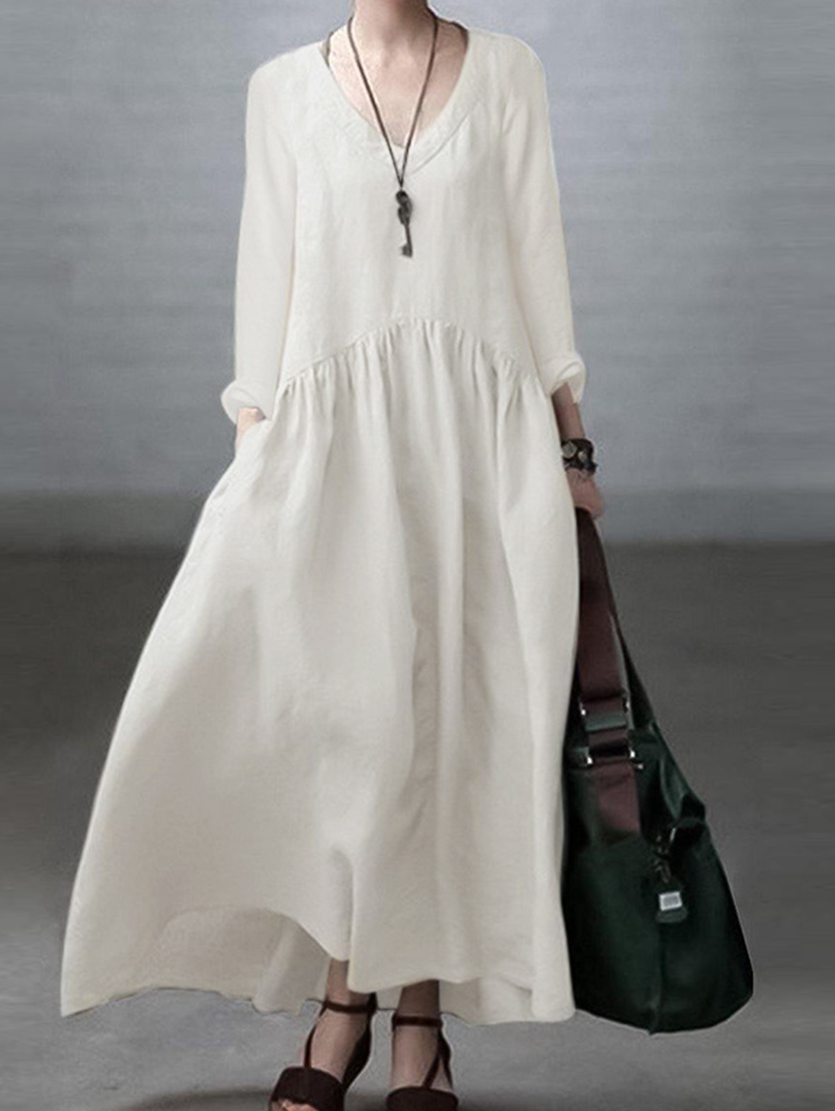Casual Solid V Neck Long Sleeve Pocket Maxi Dress